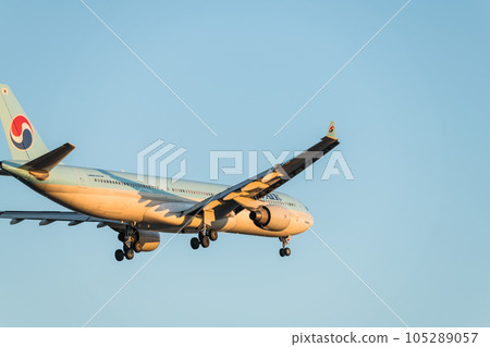 [夕陽下的韓國飛機從城南島海濱公園上空降落] 105289057