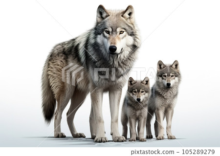 Image of family group of wolfs on white background. Wildlife Animals. Illustration, Generative AI. Image of family group of wolfs on white background. Wildlife Animals. Illustration, Generative AI. 105289279