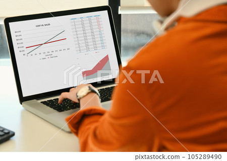 View over shoulder of female economist analyzing sales statistics on laptop at her office desk 105289490