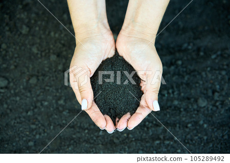 Woman hands holding soil. New life, eco, sustainable living, zero waste, plastic free, earth day concept 105289492