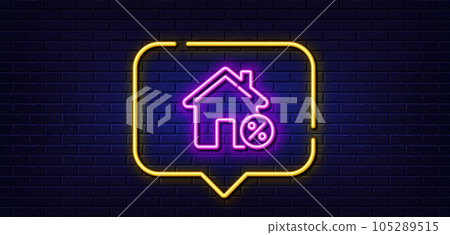 Neon light speech bubble. Loan house percent line icon. Discount sign. Credit percentage symbol. Neon light background. Loan house glow line. Brick wall banner. Vector 105289515