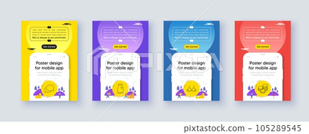 Simple set of Messenger, Bra and T-shirt line icons. Poster offer design with phone interface mockup. Include Tips icons. For web, application. Vector 105289545