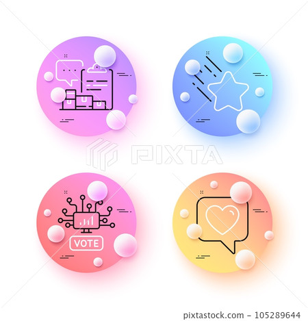 Inventory report, Falling star and Heart minimal line icons. 3d spheres or balls buttons. Online voting icons. For web, application, printing. Warehouse control, Night star, Like rating. Vector Inventory report, Falling star and Heart minimal line icons. 3d spheres or balls buttons. Online voting icons. For web, application, printing. Warehouse control, Night star, Like rating. Vector 105289644