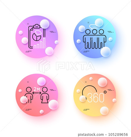 Report, Social distancing and Full rotation minimal line icons. 3d spheres or balls buttons. Employees group icons. For web, application, printing. Presentation chart, Quarantine, 360 degree. Vector 105289656