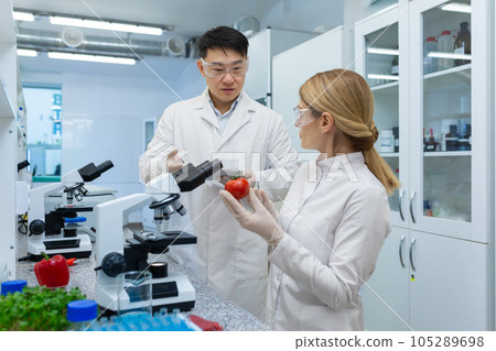 Scientist team asian man and woman testing and researching food, researchers testing vegetables inside laboratory using microscope, workers in white medical coats. 105289698