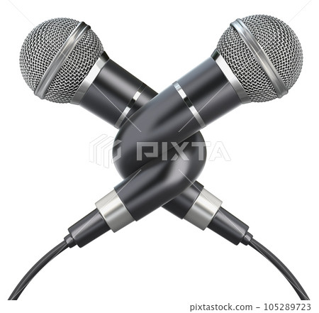 Knotted microphones isolated on a white background - 3D illustration Knotted microphones isolated on a white background - 3D illustration 105289723
