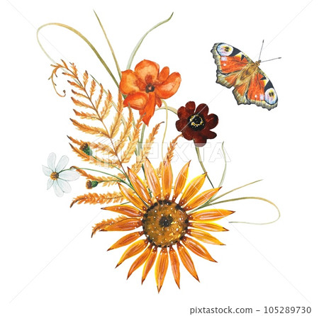 Autumn watercolor composition. Illustration with flowers, dry leaves. Autumn watercolor composition. Illustration with flowers, dry leaves. 105289730