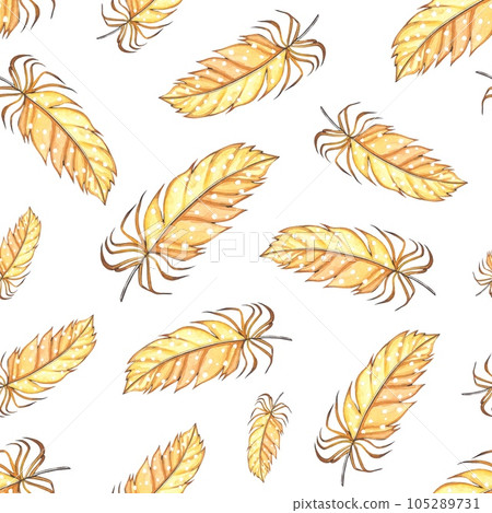 Seamless pattern with watercolor yellow feathers on a white background Seamless pattern with watercolor yellow feathers on a white background 105289731