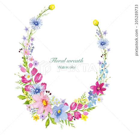 Floral wreath with colorful meadow flowers, watercolor Floral wreath with colorful meadow flowers, watercolor 105289733
