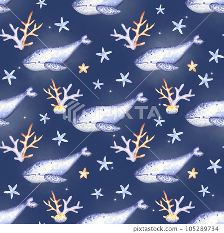 Seamless marine pattern with whales, stars, corals, on a blue background.Watercolor children background. Printing on fabric,wallpaper,prints,textiles,baby room,cards. Seamless marine pattern with whales, stars, corals, on a blue background.Watercolor children background. Printing on fabric,wallpaper,prints,textiles,baby room,cards. 105289734