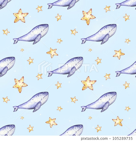 Seamless marine pattern with whales, gold stars,on a blue background. Watercolor children background. Printing on fabric,wallpaper,prints,textiles,baby room,cards. Seamless marine pattern with whales, gold stars,on a blue background. Watercolor children background. Printing on fabric,wallpaper,prints,textiles,baby room,cards. 105289735