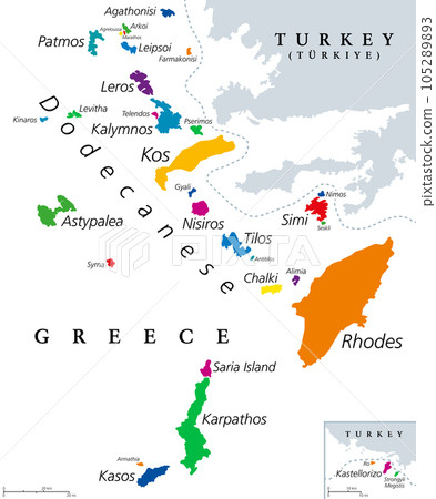Dodecanese islands, colored political map. Greek island group in the southeastern Aegean Sea and Eastern Mediterranean off the coast of Turkey. Rhodes is the most dominant island since the antiquity. 105289893