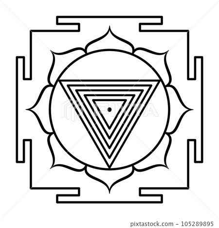 Kali Yantra, Hindu diagram of primordial energy. Goddess Kali appears in her yantra form in the central dot (bindu), as conscious source or womb of the world, and as energy aspect of material nature. 105289895