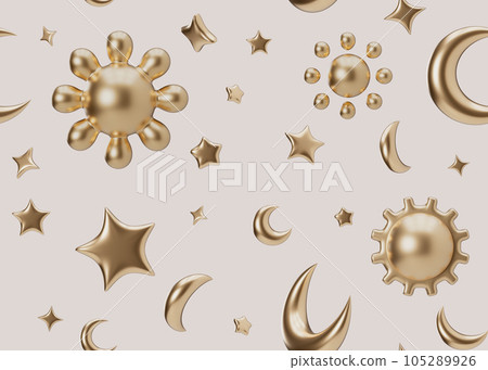 Seamless pattern with golden 3D stars, moons, suns on beige background. Applicable for fabric print, textile, wallpaper. Repeatable texture. Modern style, pattern for bedding, clothes. 3D render. 105289926