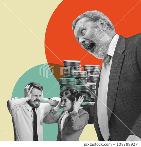 Stress at work. Senior businessman shouting at employees, managers. Financial analytics, challenges. Contemporary art collage. Stress at work. Senior businessman shouting at employees, managers. Financial analytics, challenges. Contemporary art collage. 105289927