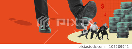 Giant male leg in shoe stepping on employees. Professional breakdown, crisis and challenges. Contemporary art collage. 105289941