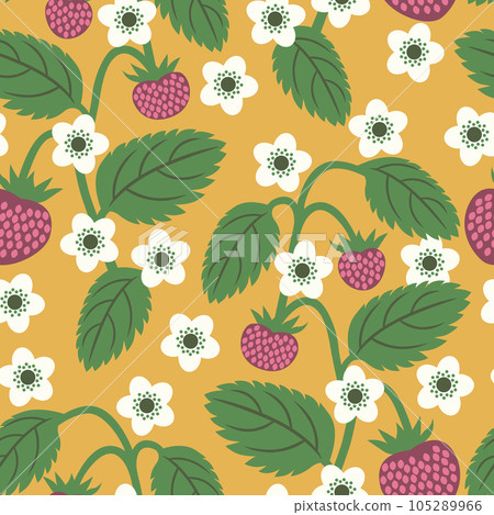 Vector seamless pattern with strawberry flowers and berries on warm yellow background 105289966