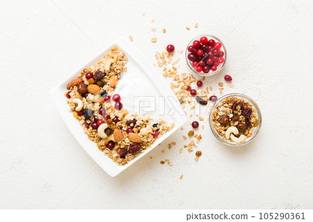 Healthy breakfast food with granola, yogurt, fruits and nuts. Dessert parfait with dried fruits for breakfast Healthy breakfast food with granola, yogurt, fruits and nuts. Dessert parfait with dried fruits for breakfast 105290361