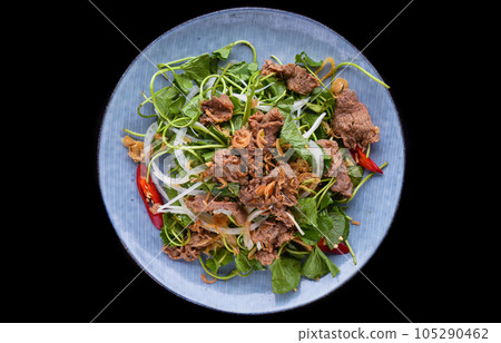 Vietnamese stir fried chayote with beef isolated on black background Vietnamese stir fried chayote with beef isolated on black background 105290462