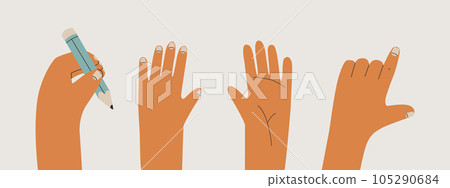 Set of left hands with various gestures. The hand holds a pencil, pointing gesture, hand with the back side and the outside. Vector flat isolated illustration for design. Set of left hands with various gestures. The hand holds a pencil, pointing gesture, hand with the back side and the outside. Vector flat isolated illustration for design. 105290684