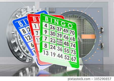 Bingo cards with opened bank vault, 3D rendering Bingo cards with opened bank vault, 3D rendering 105290857