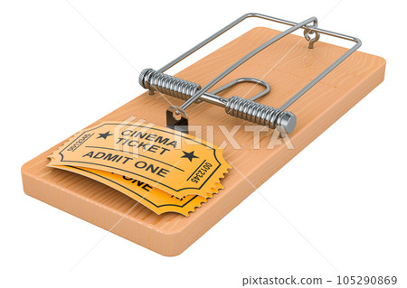 Cinema tickets inside mousetrap. 3D rendering Cinema tickets inside mousetrap. 3D rendering 105290869