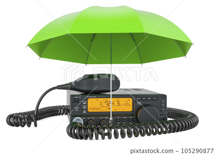Transceiver amateur push-to-talk under umbrella, 3D rendering Transceiver amateur push-to-talk under umbrella, 3D rendering 105290877