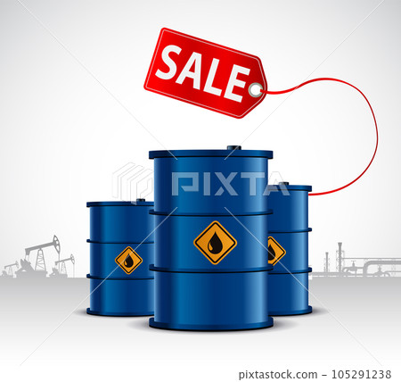 Oil barrels with a price tag on the background of oil pumps Oil barrels with a price tag on the background of oil pumps 105291238