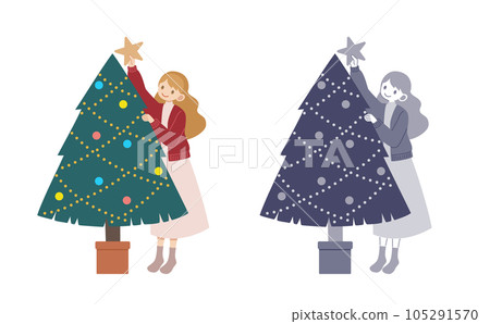 Woman decorating a star on a Christmas tree 105291570
