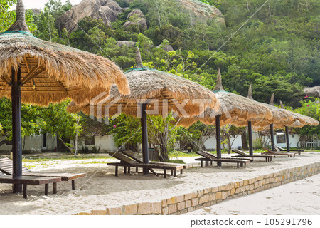 Thatched umbrella and chairs on tropical beach in Khanh Hoa, Vietnam Thatched umbrella and chairs on tropical beach in Khanh Hoa, Vietnam 105291796