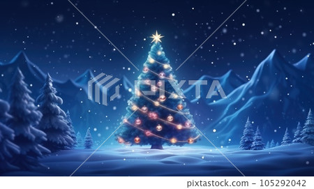 Christmas Tree on Blurred Shiny Lights at snow top of blur mountain background. Christmas Eve concept. Christmas Tree on Blurred Shiny Lights at snow top of blur mountain background. Christmas Eve concept. 105292042