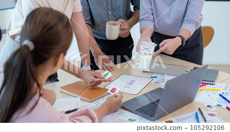 Close up ux developer and ui designer brainstorming interface wireframe design.Creative digital development agency 105292106