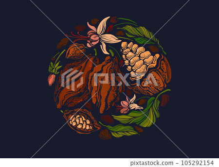 Cocoa round symbol. Organic chocolate. Aroma fruit Cocoa round symbol. Organic chocolate. Aroma fruit 105292154