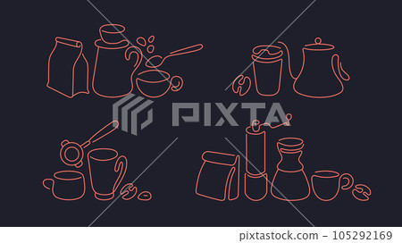 Vector cup, coffee maker, drip kettle and beans Vector cup, coffee maker, drip kettle and beans 105292169