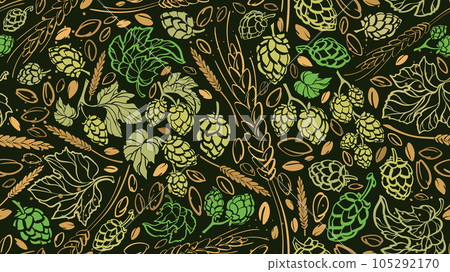 Green hop, malt seamless print. Vintage background Green hop, malt seamless print. Vintage background 105292170
