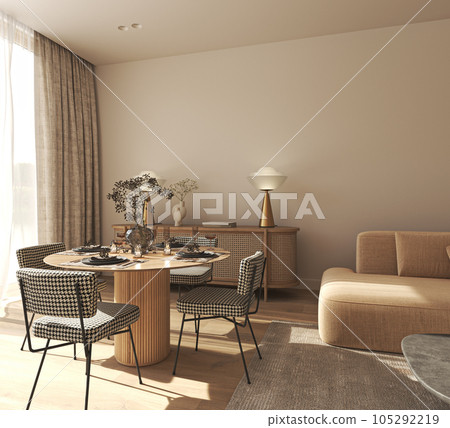 Beige interior design of modern dining room with orange furniture, panoramic window and wooden table. Light livingroom scandinavian style with dry flowers. 3d rendering. High quality 3d illustration Beige interior design of modern dining room with orange furniture, panoramic window and wooden table. Light livingroom scandinavian style with dry flowers. 3d rendering. High quality 3d illustration 105292219