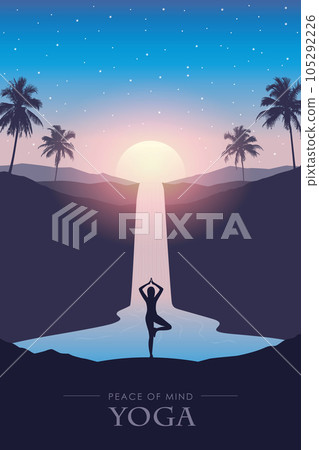 peace of mind yoga under waterfall river tropical landscape at beautiful sunset 105292226