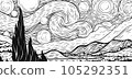 black and white line art of night land scape 105292351
