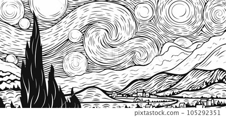 black and white line art of night land scape black and white line art of night land scape 105292351