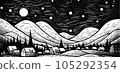 black and white line art of night land scape 105292354