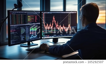 Businessman fund manager trading stock market indicators for best investment strategy, financial data and charts. 105292507