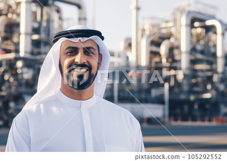 Businessman Muslim Arab on oil pump background. Successful and wealthy inspire person. Businessman Muslim Arab on oil pump background. Successful and wealthy inspire person. 105292552