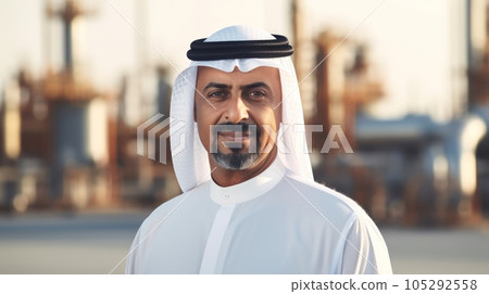 Businessman Muslim Arab on oil pump background. Successful and wealthy inspire person. Businessman Muslim Arab on oil pump background. Successful and wealthy inspire person. 105292558