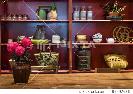 Loft style with wooden furniture in a Vietnamese coffee shop  105292628