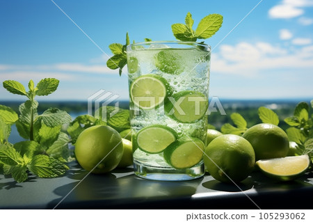 Fresh drink with green Calamansi and mint, cold summer green Calamansiade, healthy mocktail. Sunny day shadows on blue sky background with copy space. Layout for wide banner, sunny Fresh drink with green Calamansi and mint, cold summer green Calamansiade, healthy mocktail. Sunny day shadows on blue sky background with copy space. Layout for wide banner, sunny 105293062