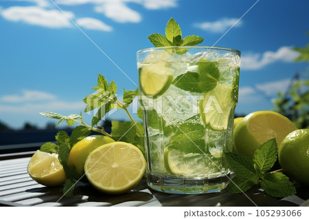Fresh drink with green Calamansi and mint, cold summer green Calamansiade, healthy mocktail. Sunny day shadows on blue sky background with copy space. Layout for wide banner, sunny 105293066
