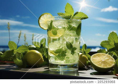 Fresh drink with green Calamansi and mint, cold summer green Calamansiade, healthy mocktail. Sunny day shadows on blue sky background with copy space. Layout for wide banner, sunny Fresh drink with green Calamansi and mint, cold summer green Calamansiade, healthy mocktail. Sunny day shadows on blue sky background with copy space. Layout for wide banner, sunny 105293068