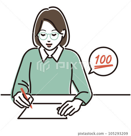戴眼鏡的女人用紅筆評分 105293209