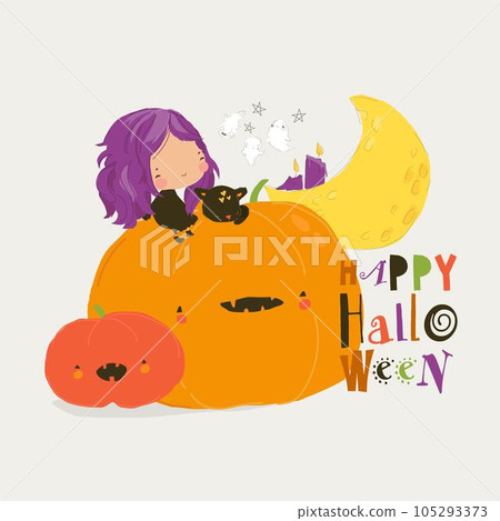 Cute Girl in Halloween Costume sits on a Giant Pumpkin 105293373