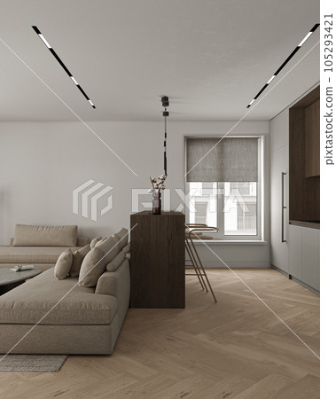 Japandi modern minimalism style beige livingroom with diningroom interior design. White color ceiling with lighting. Mock up empty wall background. 3d rendering. High quality 3d illustration Japandi modern minimalism style beige livingroom with diningroom interior design. White color ceiling with lighting. Mock up empty wall background. 3d rendering. High quality 3d illustration 105293421